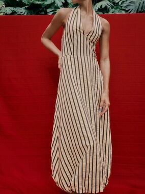 Zara Beige & Black Striped Halter Bubble Maxi Dress